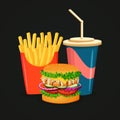 Grilled chicken burger, soda and big box of french fries. Royalty Free Stock Photo