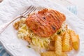 Grilled chicken, cabbage salad with nuts and chips Royalty Free Stock Photo