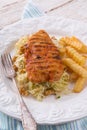 Grilled chicken, cabbage salad with nuts and chips Royalty Free Stock Photo