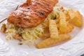 Grilled chicken, cabbage salad with nuts and chips Royalty Free Stock Photo