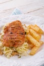 Grilled chicken, cabbage salad with nuts and chips Royalty Free Stock Photo