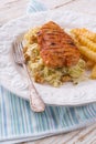 Grilled chicken, cabbage salad with nuts and chips Royalty Free Stock Photo