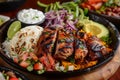 Sizzling Grilled Chicken Fajitas Served With Fresh Vegetables and Condiments Royalty Free Stock Photo