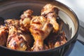 Grilled chicken drums with mushrooms. BBQ background. Summer barbeque
