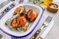 Grilled chicken drumstick bbq with rosemary on a stone gray background Royalty Free Stock Photo