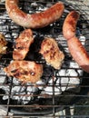 Grilled chicken drumsticks and sausages, barbecue party in nature,Garden Party Chicken leg on the grill Royalty Free Stock Photo