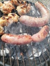 Grilled chicken drumsticks and sausages, barbecue party in nature,Garden Party Chicken leg on the grill Royalty Free Stock Photo