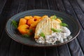 Grilled chicken filet with potato balls and creamy mushroom sause Royalty Free Stock Photo