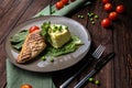 Grilled chicken fillet with mashed potatoes and green peas. Green tablecloth, dark woody background. Top view