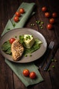 Grilled chicken fillet with mashed potatoes and green peas. Green tablecloth, dark woody background. Top view