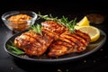 Grilled chicken fillet with rosemary and lemon on a black background with Generative AI. Royalty Free Stock Photo