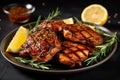 Grilled chicken fillet with rosemary and lemon on a black background with Generative AI. Royalty Free Stock Photo