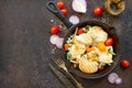 Grilled chicken fillet and various vegetables on a cast-iron frying pan. Copy space, top view flat lay background Royalty Free Stock Photo