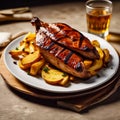 Grilled chicken fillet with vegetables on a plate. Roasted duck breast with potatoes Royalty Free Stock Photo