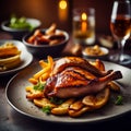 Grilled chicken fillet with vegetables on a plate. Roasted duck breast with potatoes Royalty Free Stock Photo