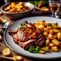 Grilled chicken fillet with vegetables on a plate. Roasted duck breast with potatoes Royalty Free Stock Photo