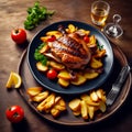 Grilled chicken fillet with vegetables on a plate. Roasted duck breast with potatoes Royalty Free Stock Photo