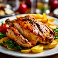 Grilled chicken fillet with vegetables on a plate. Roasted duck breast with potatoes Royalty Free Stock Photo