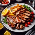 Grilled chicken fillet with vegetables on a plate. Roasted duck breast with potatoes Royalty Free Stock Photo