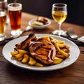 Grilled chicken fillet with vegetables on a plate. Roasted duck breast with potatoes Royalty Free Stock Photo