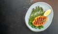 Grilled chicken fillet and vegetables. superfood concept. Healthy, clean eating. copy space, top view Royalty Free Stock Photo