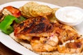 Grilled chicken fillets, with potatoes and vegetables and mayo garlic dip Royalty Free Stock Photo