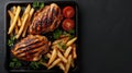 grilled chicken and fries on a tray, with a spacious section provided for text accompaniment.