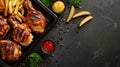 grilled chicken and fries on a tray, with a spacious section provided for text accompaniment.