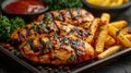 grilled chicken and fries on a tray, with a spacious section provided for text accompaniment.