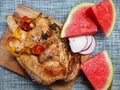 Grilled chicken with hot spices and vegetables - red cherry tomato, sweet pepper Royalty Free Stock Photo