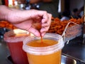 Grilled chicken instestine on a barbecue stick dipped in vinegar sauce sold at street food carts Royalty Free Stock Photo