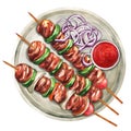 Grilled chicken kebabs with vegetables. Watercolor illustration Royalty Free Stock Photo