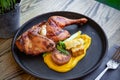 Grilled chicken leg drumstick wing, yellow purÃÂ©e Royalty Free Stock Photo