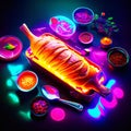 Grilled chicken leg on a wooden plate on a colorful background. Generative AI