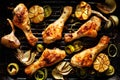 Grilled chicken legs with aromatic herbs and vegetables on a barbecue plate Royalty Free Stock Photo