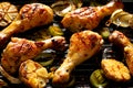 Grilled chicken legs with aromatic herbs and vegetables on a barbecue plate Royalty Free Stock Photo