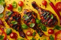 Grilled Chicken Legs with Fresh Herbs, Spices, and Cherry Tomatoes on Yellow Background Top View Culinary Concept Royalty Free Stock Photo