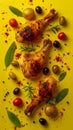 Grilled Chicken Legs with Herbs, Spices, and Mixed Olives on a Vibrant Yellow Background, Gourmet Food Presentation Royalty Free Stock Photo