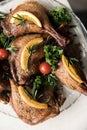 Grilled chicken legs and vegetables on the grill pan macro. horizontal view from above Royalty Free Stock Photo