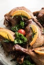 Grilled chicken legs and vegetables on the grill pan macro. horizontal view from above Royalty Free Stock Photo