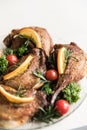 Grilled chicken legs and vegetables on the grill pan macro. horizontal view from above Royalty Free Stock Photo