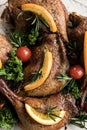 Grilled chicken legs and vegetables on the grill pan macro. horizontal view from above Royalty Free Stock Photo