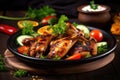 Grilled chicken legs with vegetables on wooden background. Selective focus, Grilled chicken wings with vegetables on dark wooden Royalty Free Stock Photo