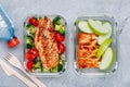 Grilled chicken meal prep containers with rice, broccoli and tomatoes and dessert pie with green apple Royalty Free Stock Photo