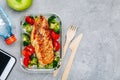 Grilled chicken meal prep containers with rice, broccoli and tomatoes Royalty Free Stock Photo