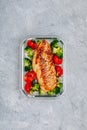 Grilled chicken meal prep containers with rice, broccoli and tomatoes Royalty Free Stock Photo