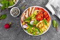 Grilled chicken meat with fresh vegetable salad of tomato, cucumber, radish, lettuce, chard leaves, corn and pasta. Healthy lunch Royalty Free Stock Photo