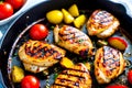 Grilled chicken in a non stick pan with potatoes and tomatoes generated by ai