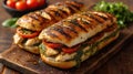 Grilled Chicken Pesto Sandwich on Wooden Board Royalty Free Stock Photo