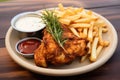 Grilled chicken piece with French fries and sauce